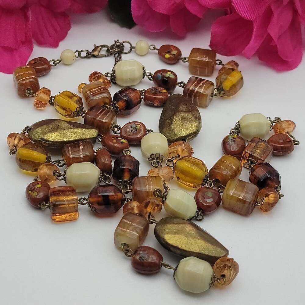 Vintage Brass Tone And Amber Glass Art Beaded Necklace 39" Long Chain Opera